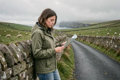 Voyageuse consultant une carte papier sur une route de campagne irlandaise avec des collines vertes et des falaises côtières en arrière-plan
