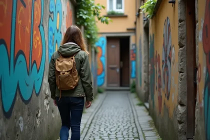 Voyageuse explorant une ruelle avec des fresques murales colorées dans le quartier Friedrichshain de Berlin, loin des zones touristiques