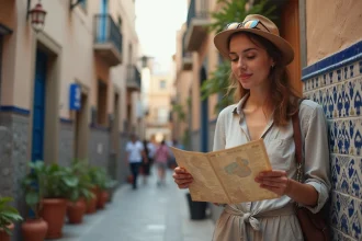 Voyageuse solo explorant la médina de Tanger avec une carte, ambiance authentique des ruelles bleues et blanches
