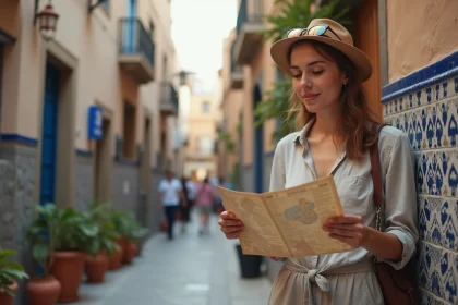 Voyageuse solo explorant la médina de Tanger avec une carte, ambiance authentique des ruelles bleues et blanches