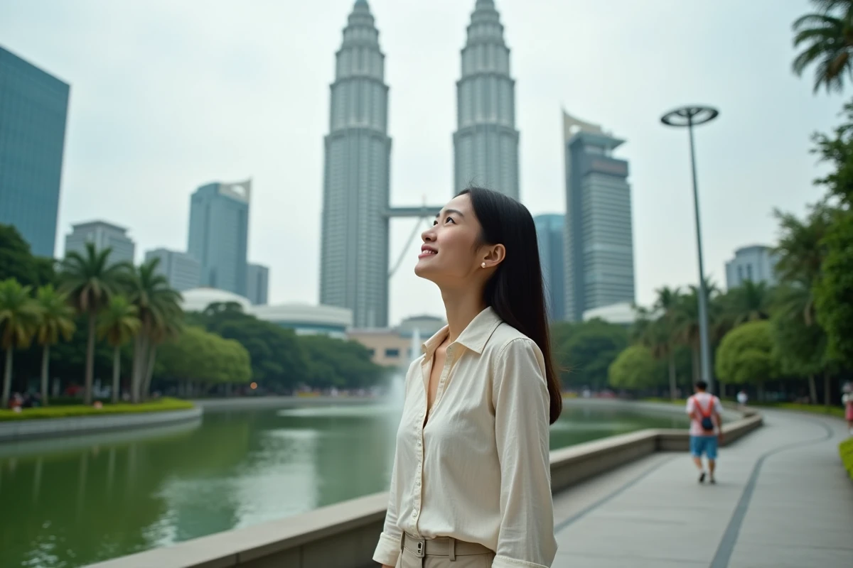 Voyageuse admirant les Tours Petronas depuis le parc KLCC à Kuala Lumpur, Territoire Fédéral