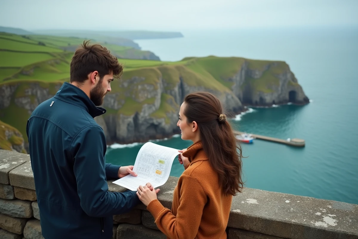 Couple consultant un itinéraire de voyage face aux falaises et au port de pêche de la côte basque