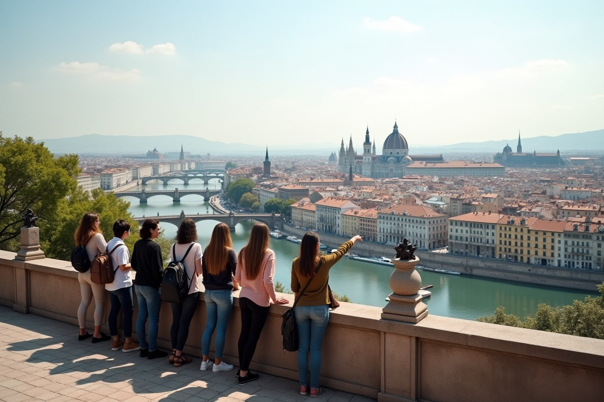 Vue panoramique d une ville historique avec touristes