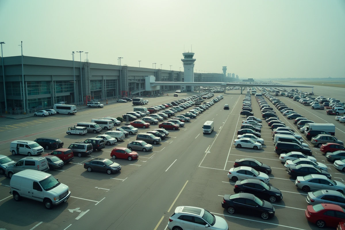 Vue en hauteur du parking surface de l'aéroport international Mohammed V de Casablanca avec rangées de véhicules organisées