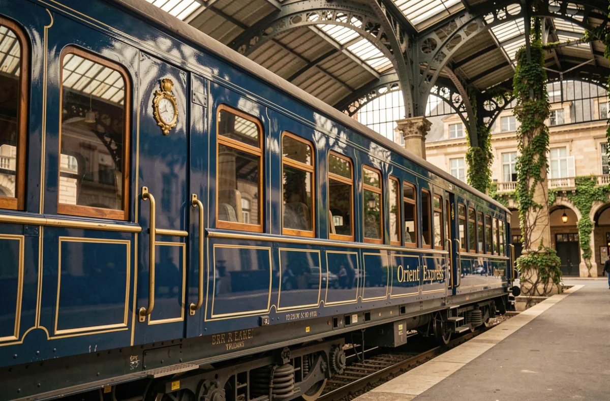 Wagon historique de l'Orient Express dans une gare européenne avec architecture en fer forgé et verre